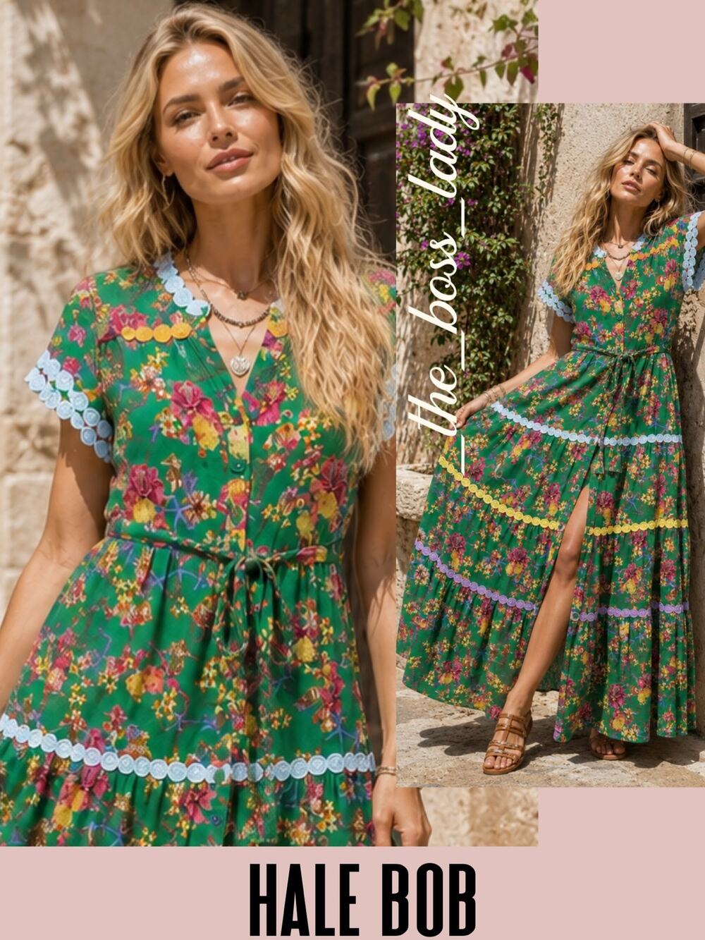 Hale Bob maxi dress embroidered floral print tiered belted cotton XL